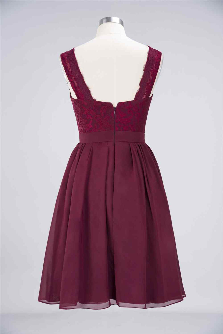 Burgundy A-line Jewel Neck Lace Chiffon Mini Bridesmaid Dress