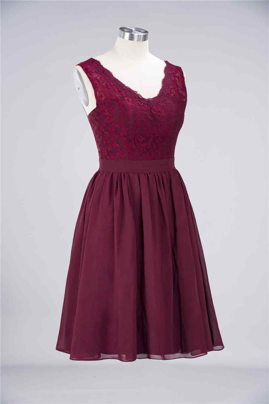 Burgundy A-line Jewel Neck Lace Chiffon Mini Bridesmaid Dress