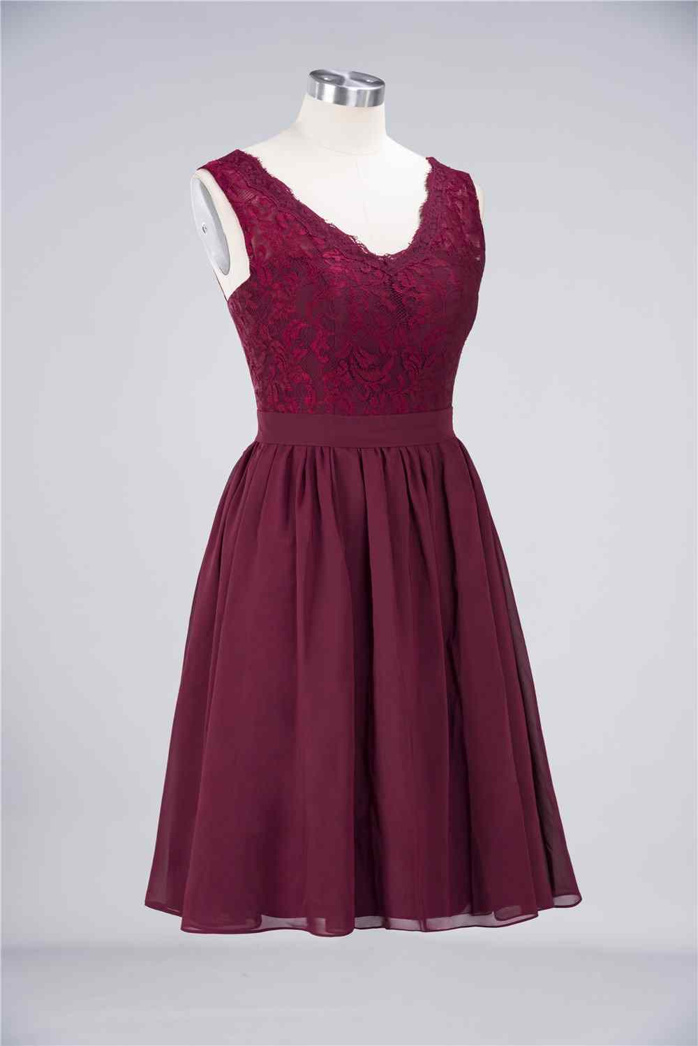 maroon bridesmaid dresses short Burgundy A-line Jewel Neck Lace Chiffon Mini Dress Burgundy / Custom Size Size:3G SHEIN Lady Spring And Detail line cut