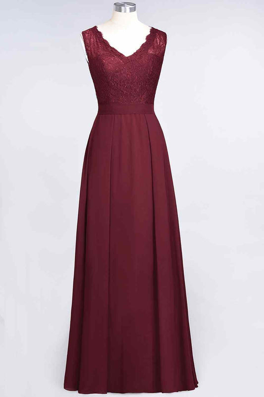 Burgundy A-line Illusion Lace Neck Chiffon Long Bridesmaid Dress