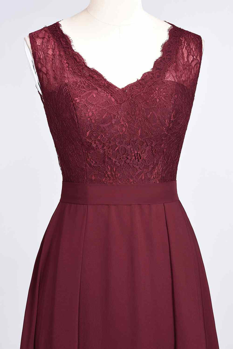 Burgundy A-line Illusion Lace Neck Chiffon Long Bridesmaid Dress