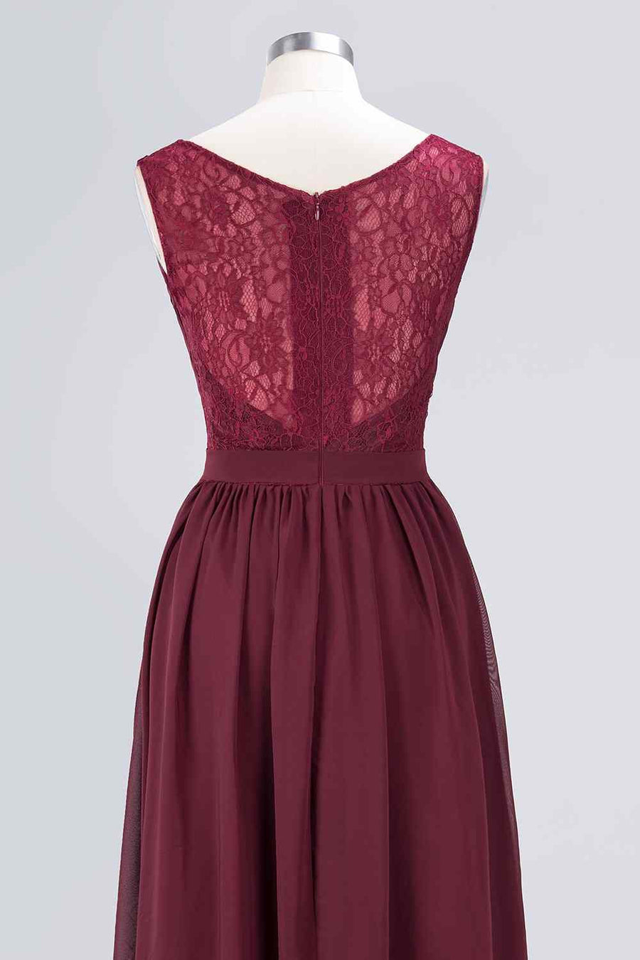 Burgundy A-line Illusion Lace Neck Chiffon Long Bridesmaid Dress