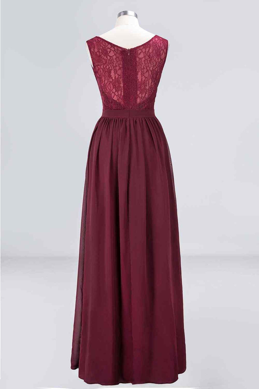 Burgundy A-line Illusion Lace Neck Chiffon Long Bridesmaid Dress