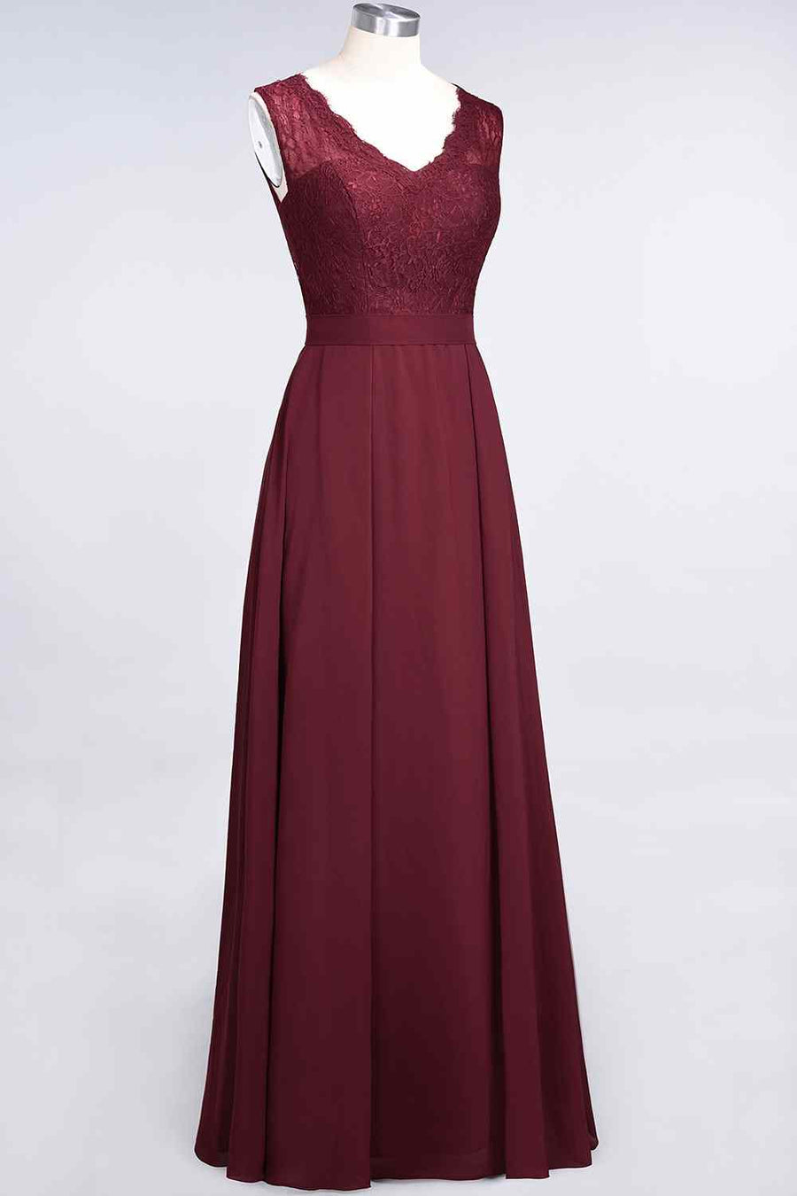 Burgundy A-line Illusion Lace Neck Chiffon Long Bridesmaid Dress