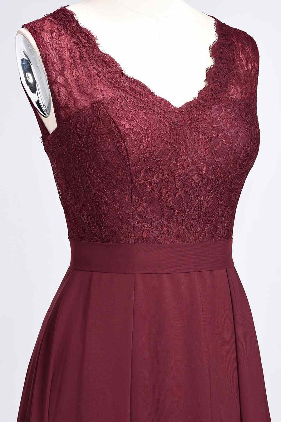 Burgundy A-line Illusion Lace Neck Chiffon Long Bridesmaid Dress