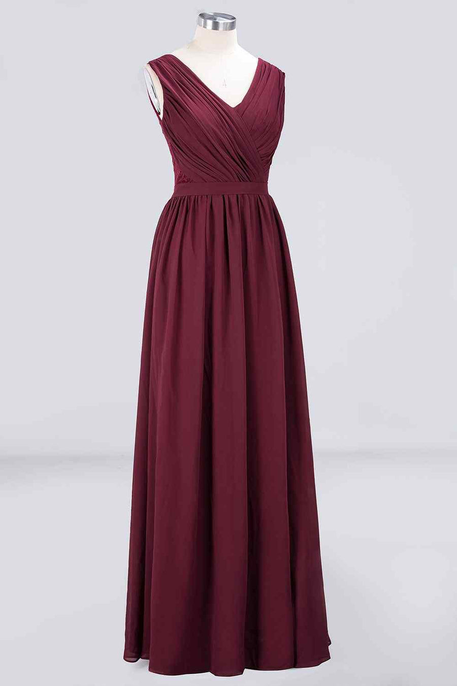 Burgundy A-line V Neck Pleated Chiffon Long Bridesmaid Dress