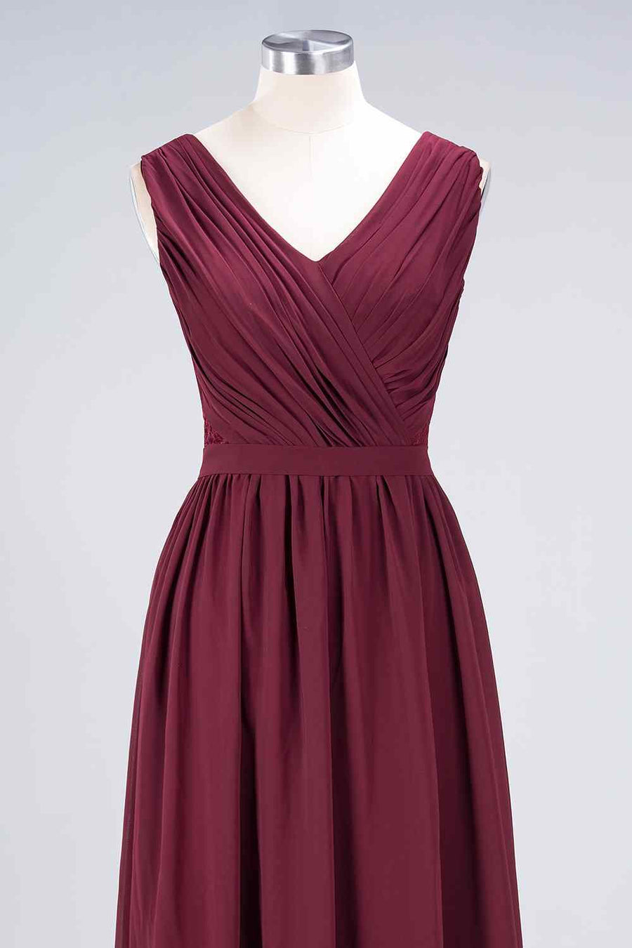 Burgundy A-line V Neck Pleated Chiffon Long Bridesmaid Dress