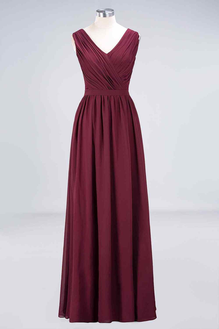 Burgundy A-line V Neck Pleated Chiffon Long Bridesmaid Dress
