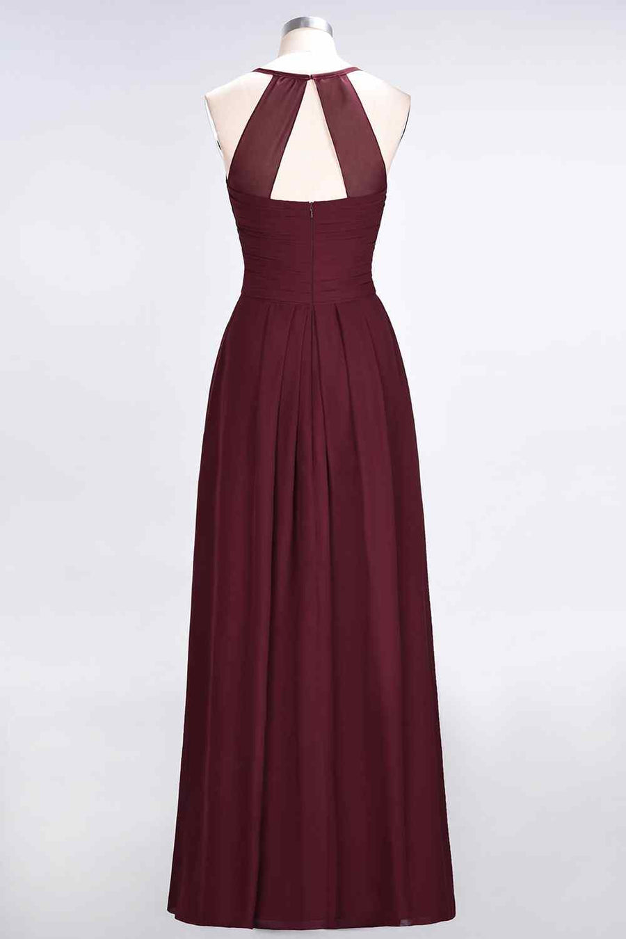 Burgundy A-line Halter Neck Cut-Out Pleated Chiffon Long Bridesmaid Dress
