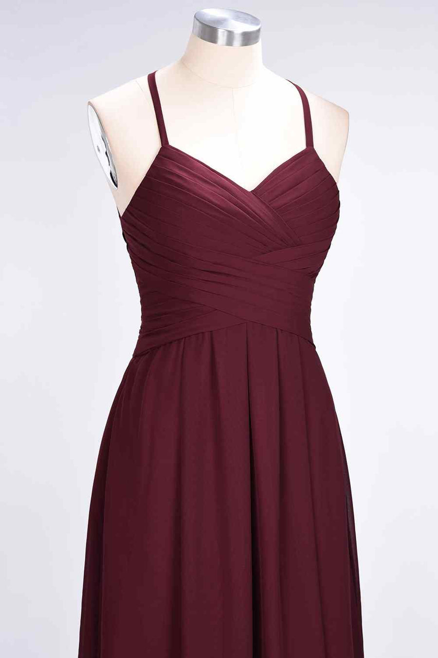 Burgundy A-line Halter Neck Cut-Out Pleated Chiffon Long Bridesmaid Dress