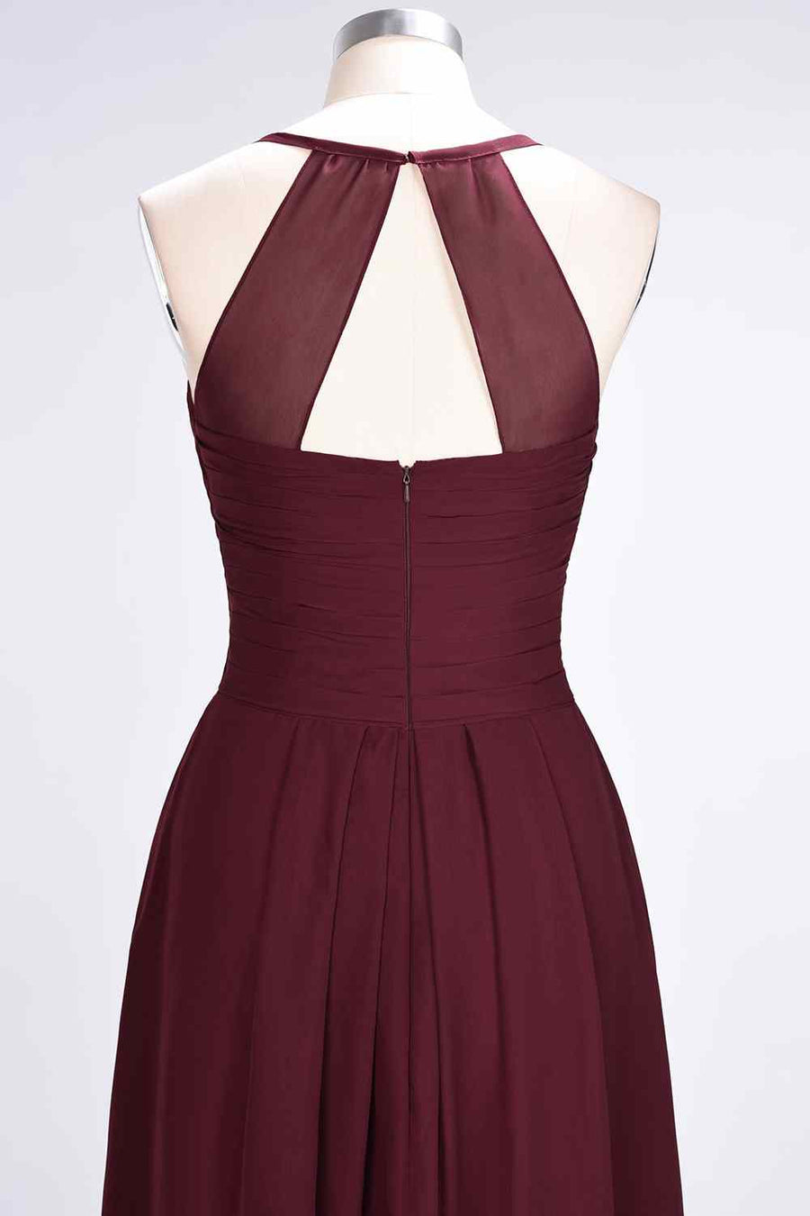 Burgundy A-line Halter Neck Cut-Out Pleated Chiffon Long Bridesmaid Dr | Joyofdress Burgundy A-line Halter Neck Cut-Out Pleated Chiffon Long Bridesmaid Dr | Joyofdress