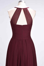 Burgundy A-line Halter Neck Cut-Out Pleated Chiffon Long Bridesmaid Dress