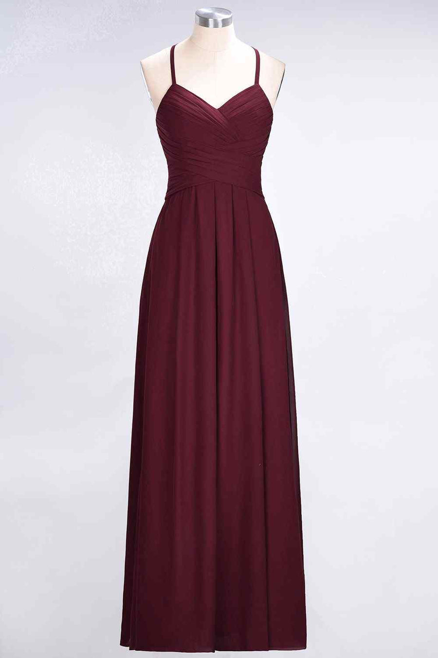 Burgundy A-line Halter Neck Cut-Out Pleated Chiffon Long Bridesmaid Dress