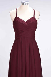 Burgundy A-line Halter Neck Cut-Out Pleated Chiffon Long Bridesmaid Dress