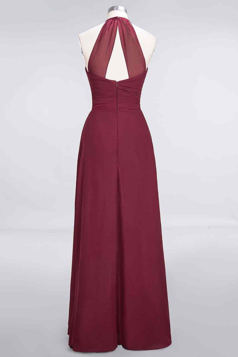 Burgundy A-line Halter Neck Cut-Out Chiffon Ruffle Long Bridesmaid Dress