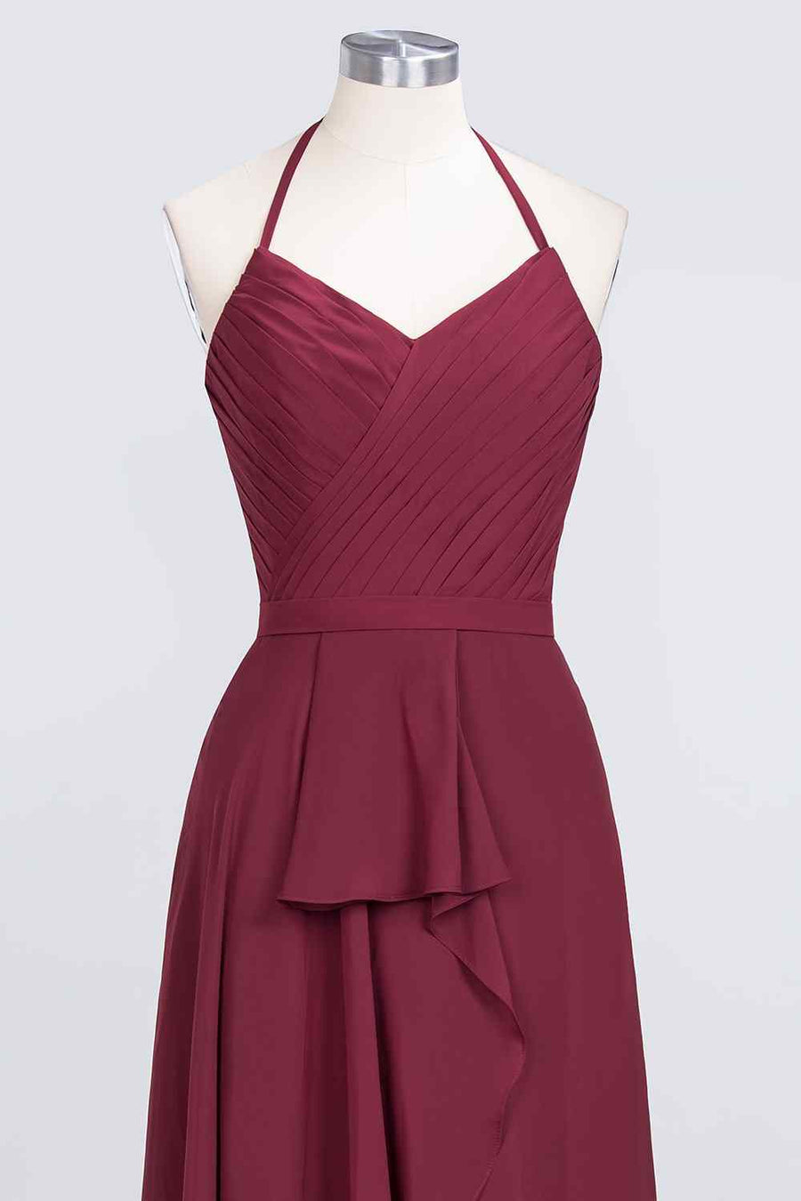 Burgundy A-line Halter Neck Cut-Out Chiffon Ruffle Long Bridesmaid Dress