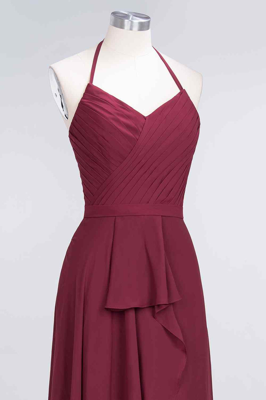 Burgundy A-line Halter Neck Cut-Out Chiffon Ruffle Long Bridesmaid Dress