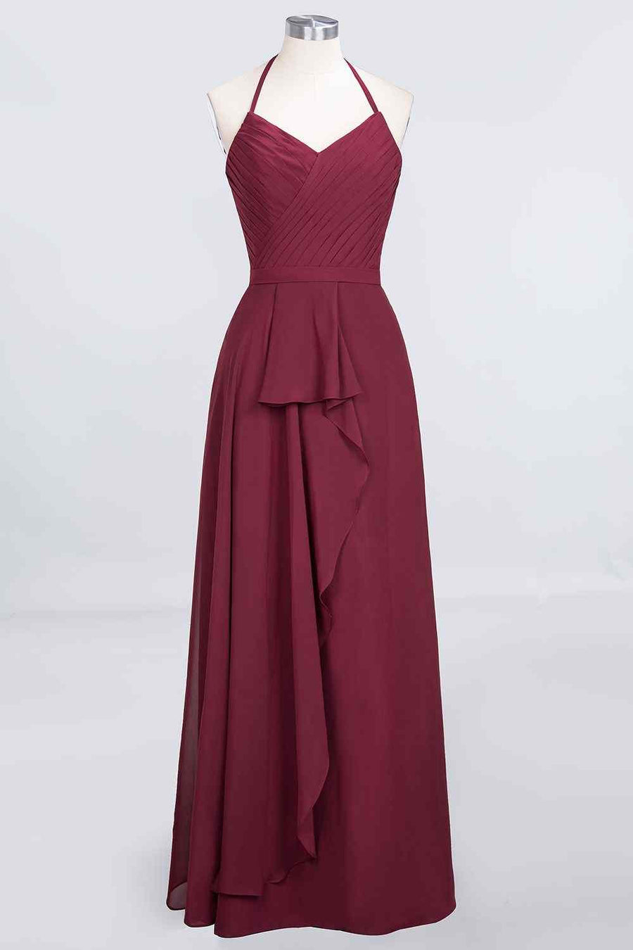 Burgundy A-line Halter Neck Cut-Out Chiffon Ruffle Long Bridesmaid Dress