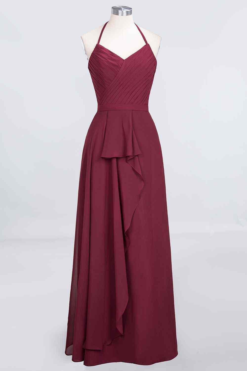 Burgundy A-Line Halter Neck Cut-Out Chiffon Ruffle Long Bridesmaid Dress Burgundy / US 2 Burgundy A-Line Halter Neck Cut-Out Chiffon Ruffle Long Bridesmaid Dress Burgundy / US 2