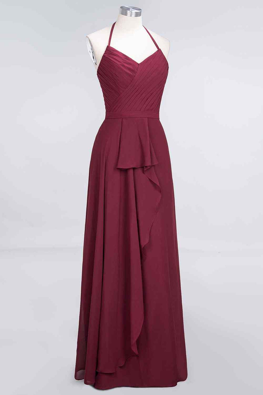 Burgundy A-line Halter Neck Cut-Out Chiffon Ruffle Long Bridesmaid Dress Burgundy / US 2 Burgundy A-line Halter Neck Cut-Out Chiffon Ruffle Long Bridesmaid Dress Burgundy / US 2