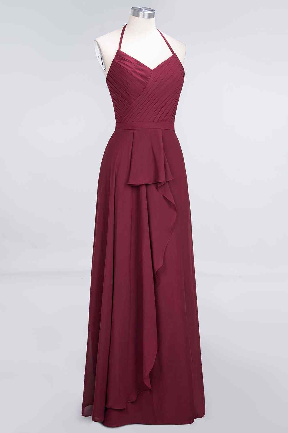 Burgundy A-line Halter Neck Cut-Out Chiffon Ruffle Long Bridesmaid Dress Burgundy / US 2