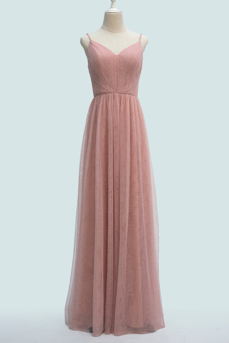 Blushing Pink A-line Spaghetti Strap Pleated Long Bridesmaid Dress