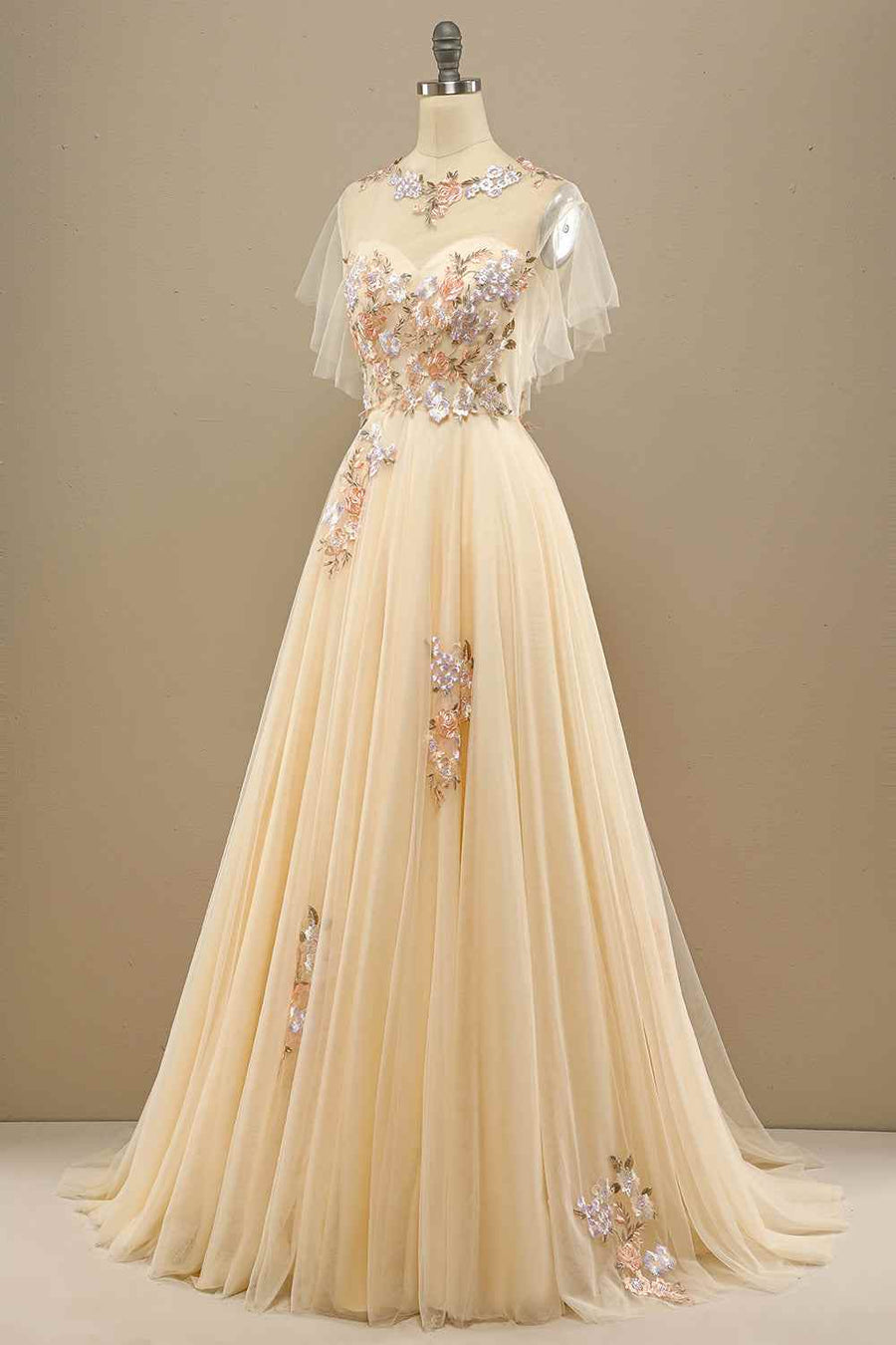 High Neck Tulle A-Line Empire Appliques Prom Party Dress