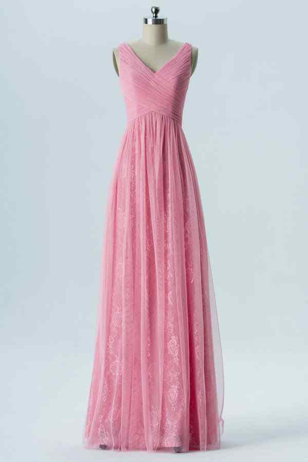 Candy Pink A-line Tulle Pleated Prints Long Bridesmaid Dress Candy Pink / US 4