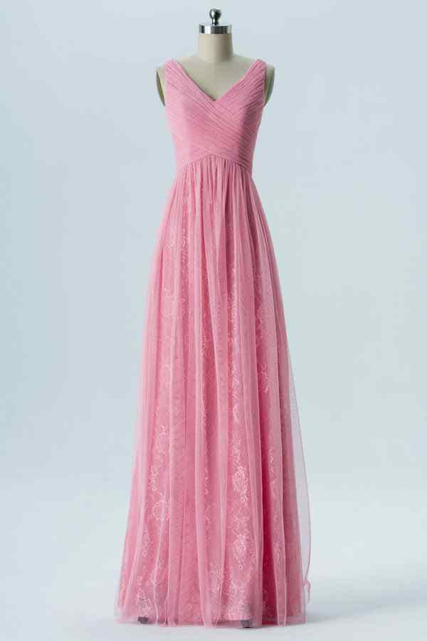 Candy Pink A-line Tulle Pleated Prints Long Bridesmaid Dress