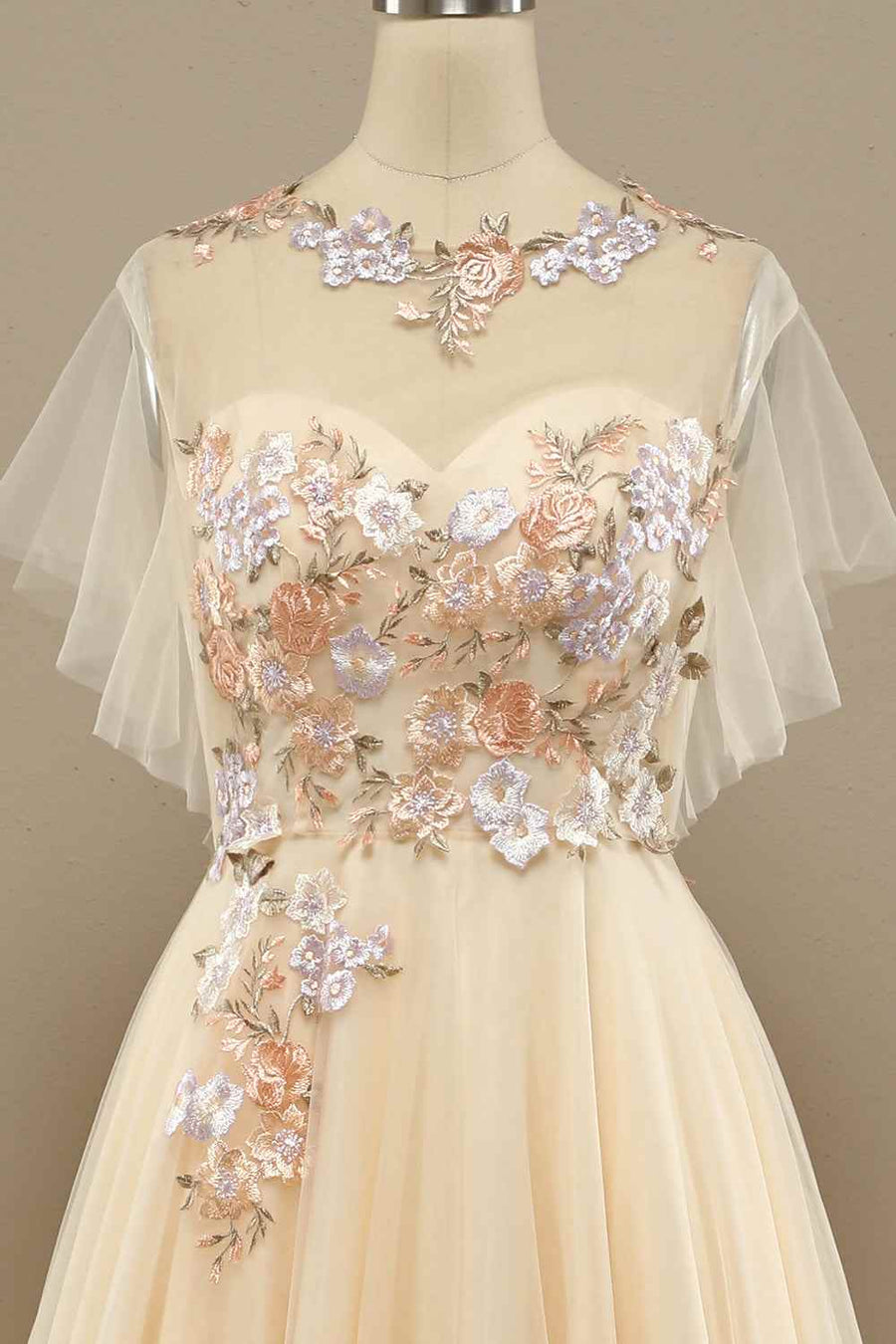 High Neck Tulle A-Line Empire Appliques Prom Party Dress