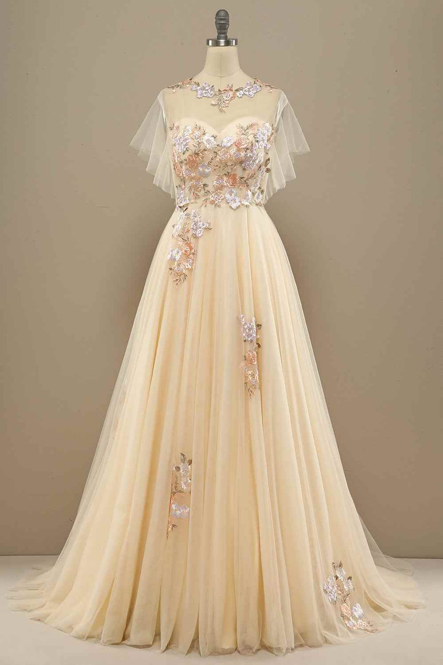 High Neck Tulle A-Line Empire Appliques Prom Party Dress