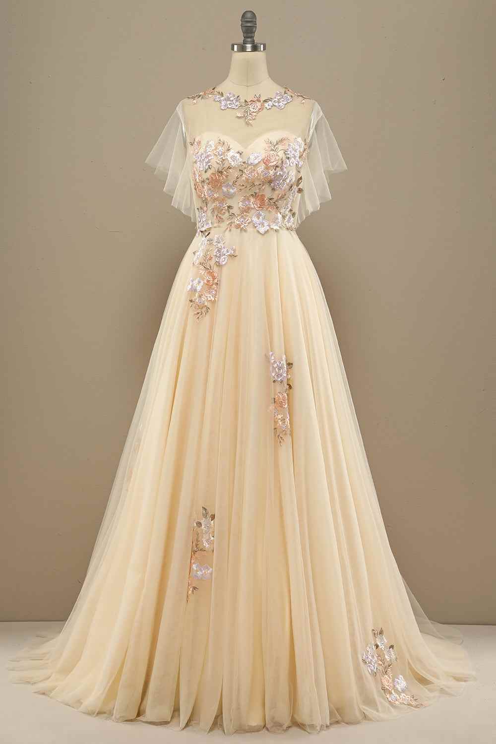 Champagne A-line Strapless Tulle Applique Ruffles Long Prom Gown