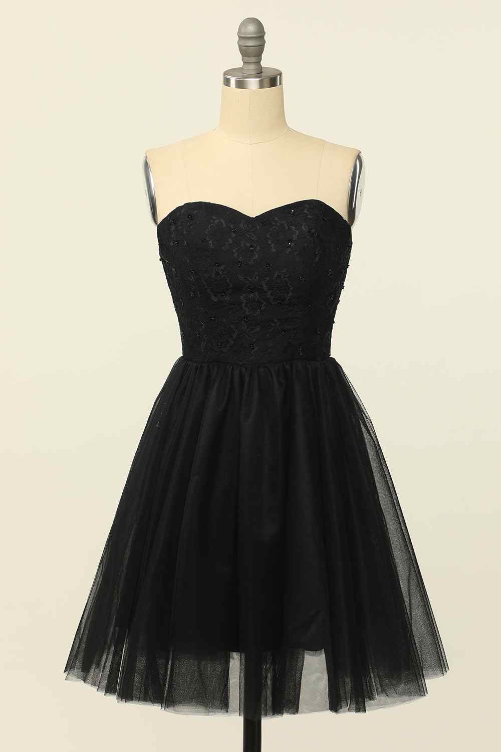 Black A-line Strapless Lace Beaded Lace-Up Back Mini Homecoming Dress