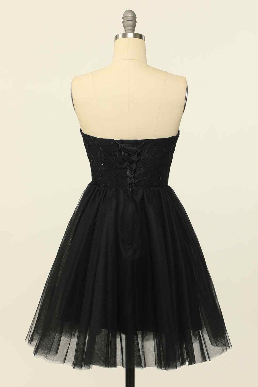 Black A-line Strapless Lace Beaded Lace-Up Back Mini Homecoming Dress
