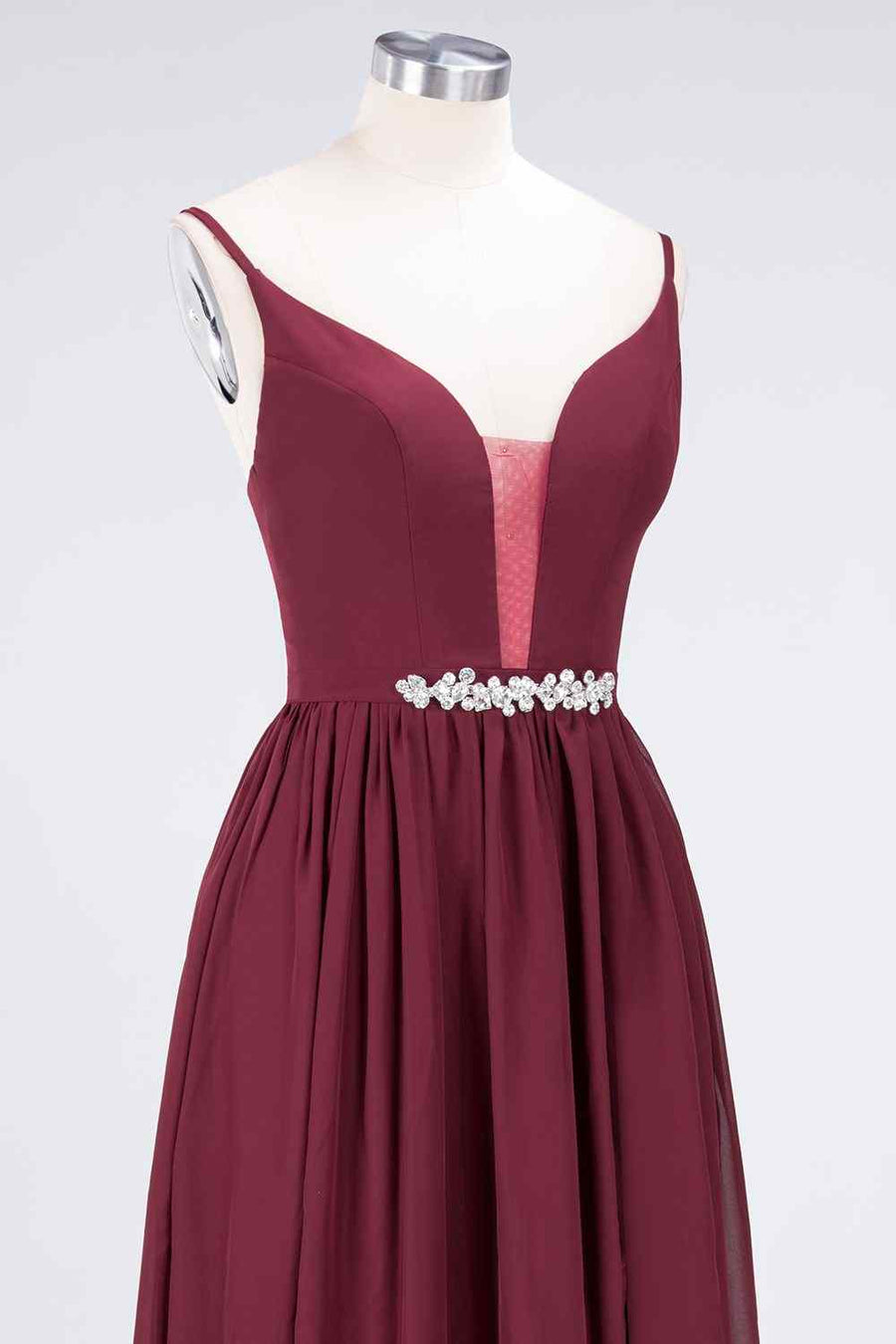 Burgundy A-line Plunging V Neck Chiffon Long Bridesmaid Dress with Beaded Sash