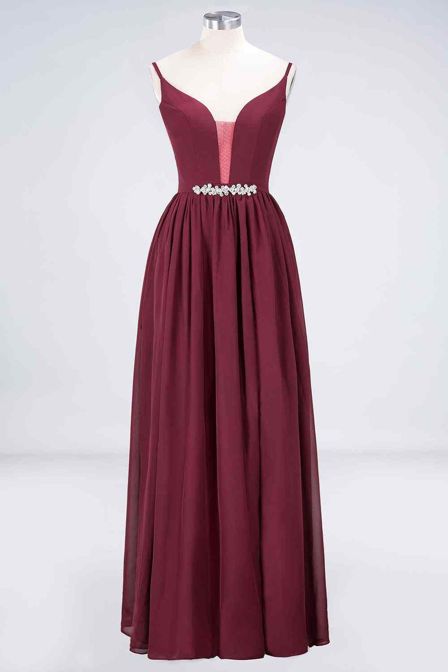 Burgundy A-line Plunging V Neck Chiffon Long Bridesmaid Dress with Beaded Sash