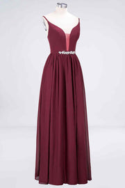 Burgundy A-line Plunging V Neck Chiffon Long Bridesmaid Dress with Beaded Sash