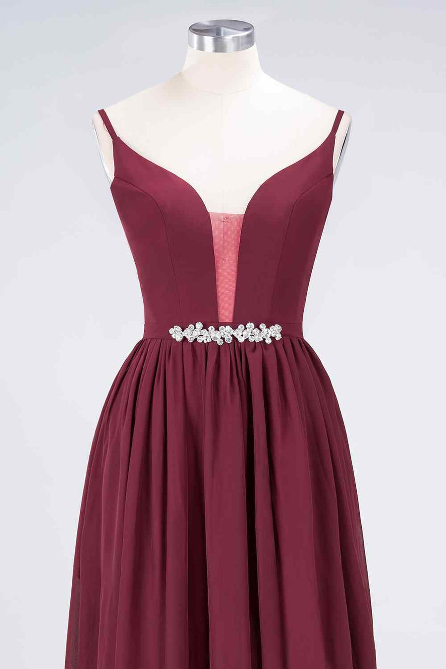Burgundy A-line Plunging V Neck Chiffon Long Bridesmaid Dress with Beaded Sash
