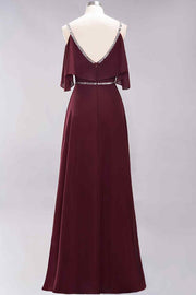 Burgundy A-line V Neck Off-the-Shoulder Beading Chiffon Long Bridesmaid Dress