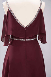 Burgundy A-line V Neck Off-the-Shoulder Beading Chiffon Long Bridesmaid Dress