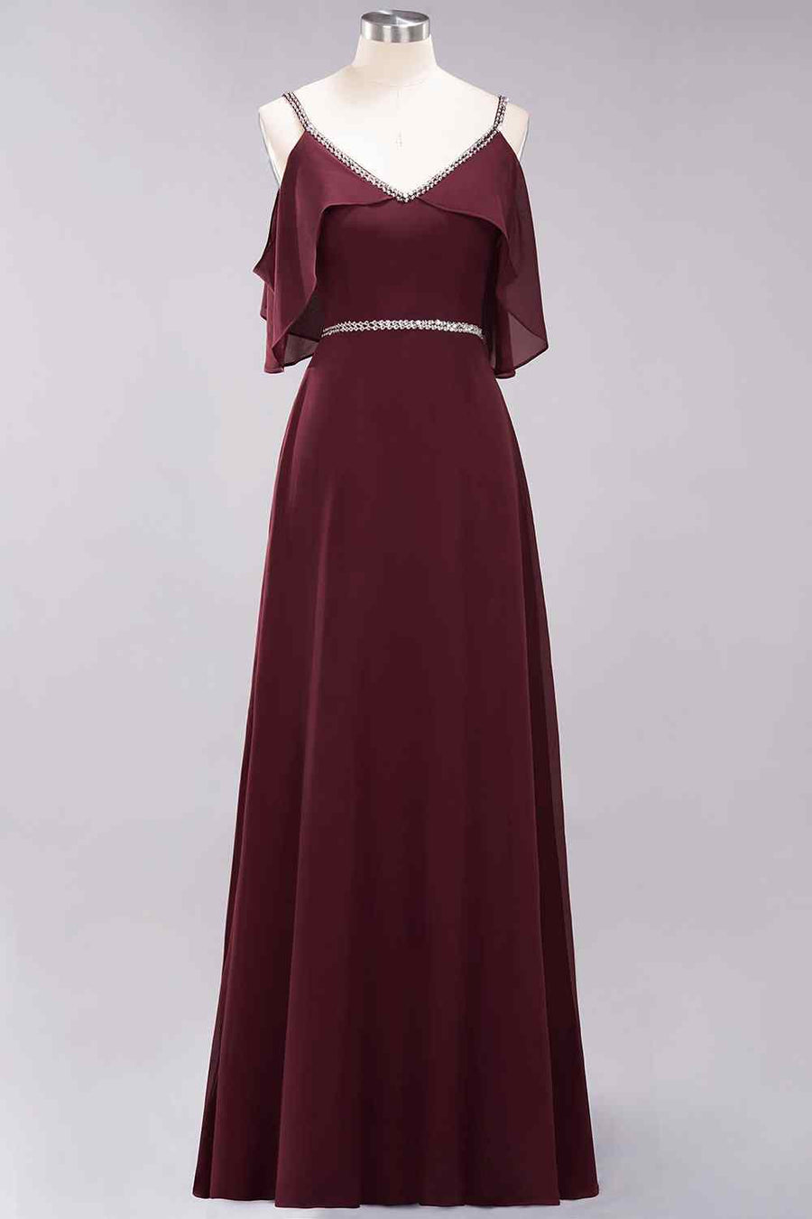 Burgundy A-line V Neck Off-the-Shoulder Beading Chiffon Long Bridesmaid Dress