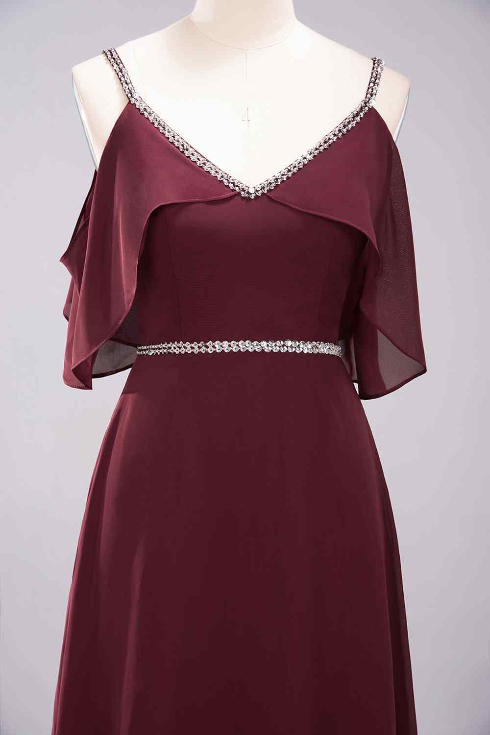 Burgundy A-line V Neck Off-the-Shoulder Beading Chiffon Long Bridesmaid Dress
