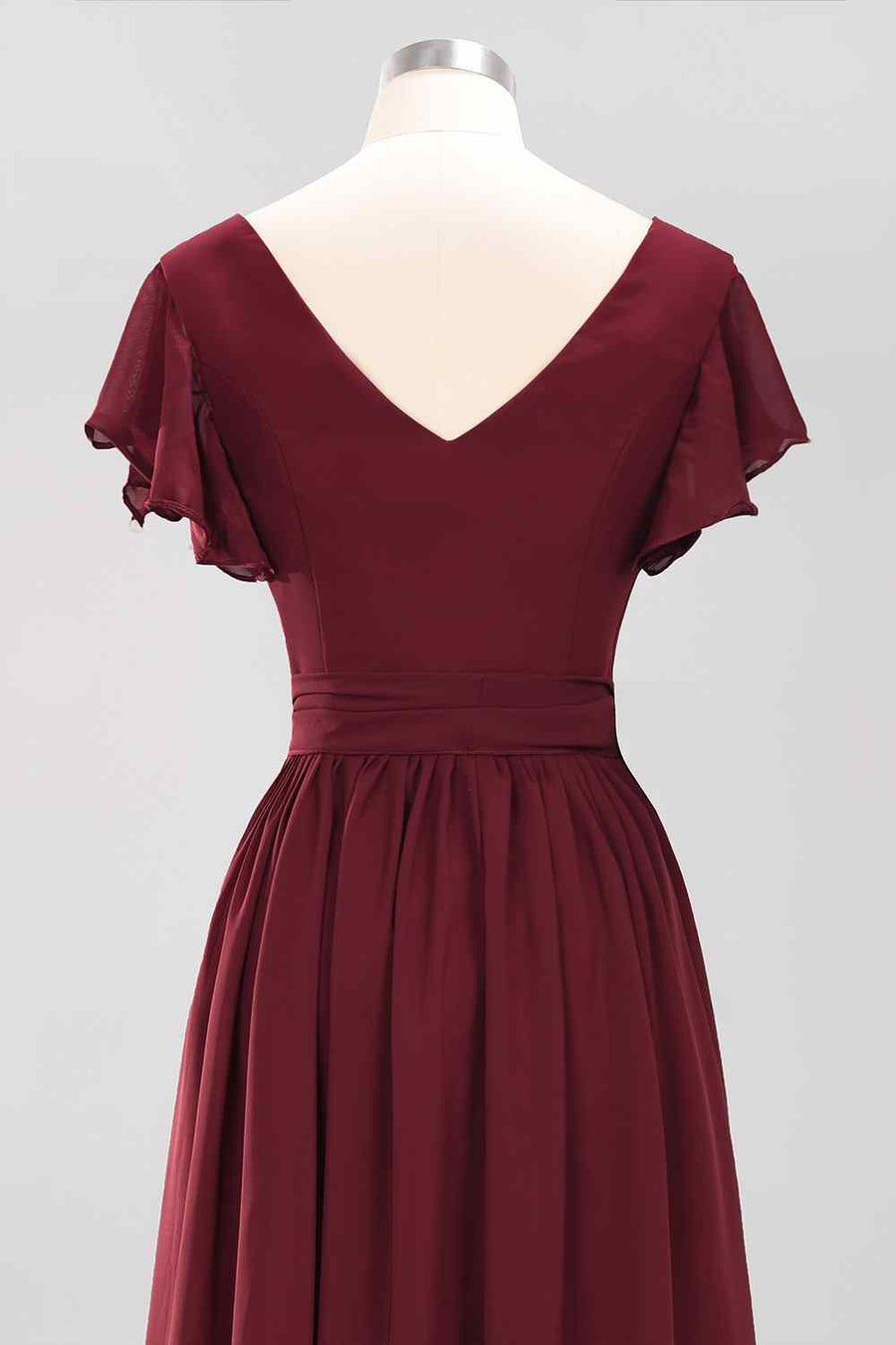 Burgundy A-line V Neck Surplice Chiffon Long Bridesmaid Dress with Sash