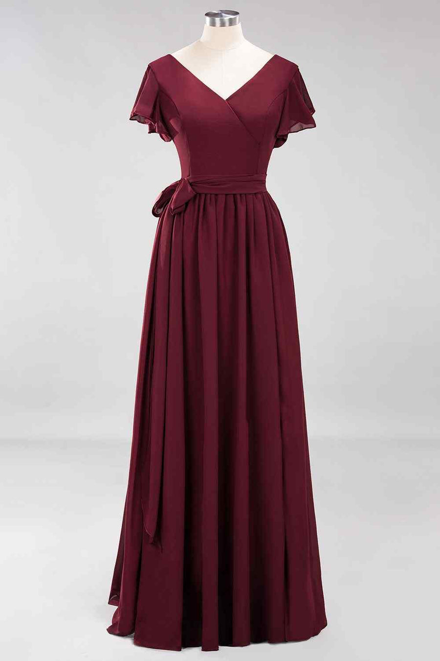 Burgundy A-line V Neck Surplice Chiffon Long Bridesmaid Dress with Sash