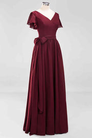 Burgundy A-line V Neck Surplice Chiffon Long Bridesmaid Dress with Sash