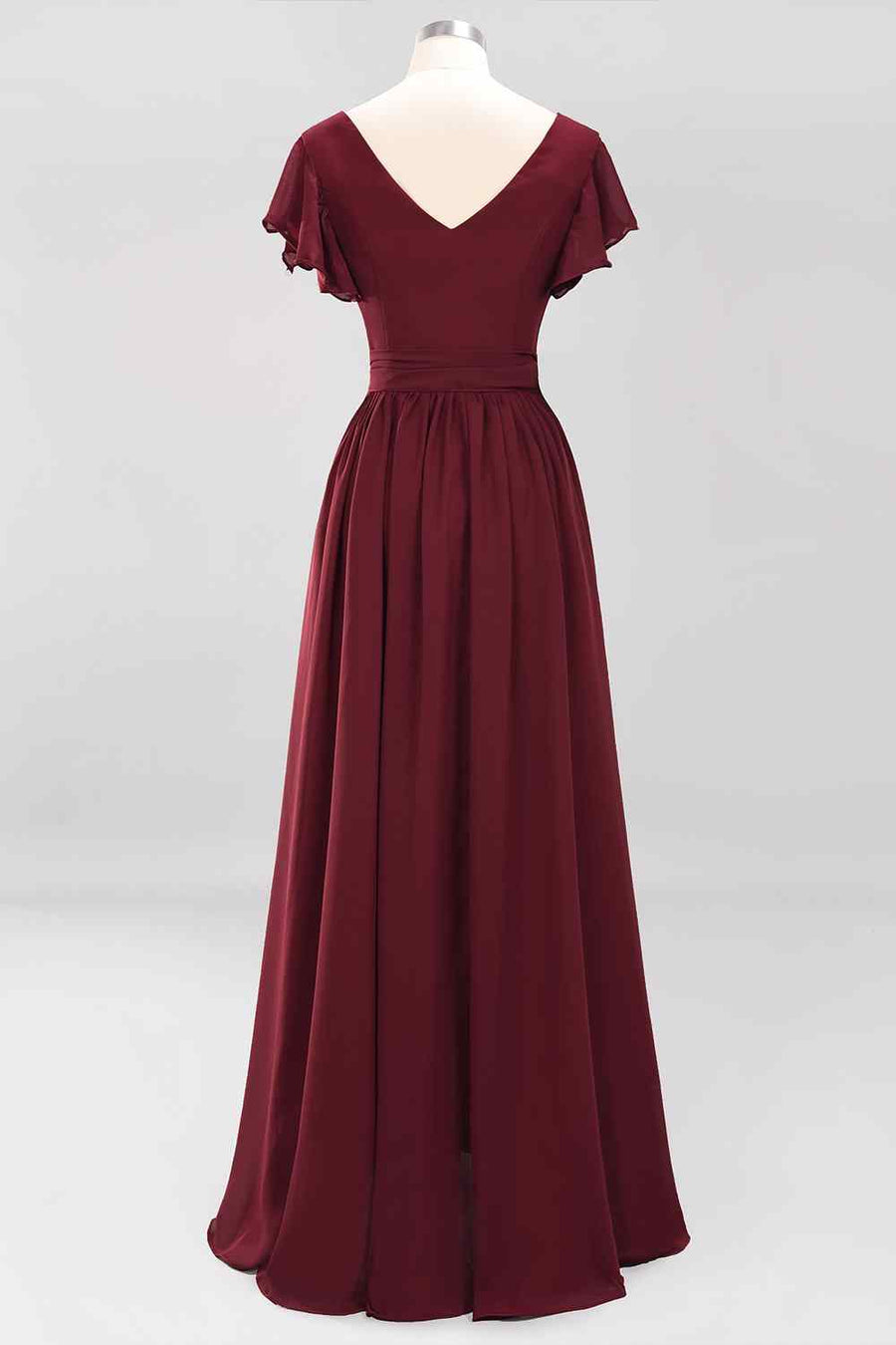 Burgundy A-line V Neck Surplice Chiffon Long Bridesmaid Dress with Sash