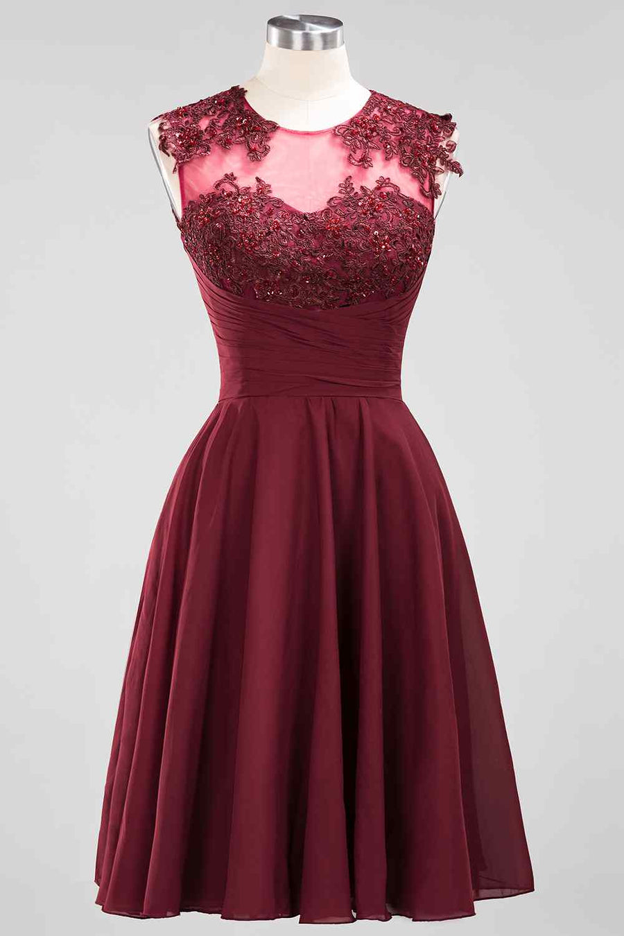 Burgundy A-line Illusion Neck Applique Chiffon Beaded Mini Bridesmaid Dress