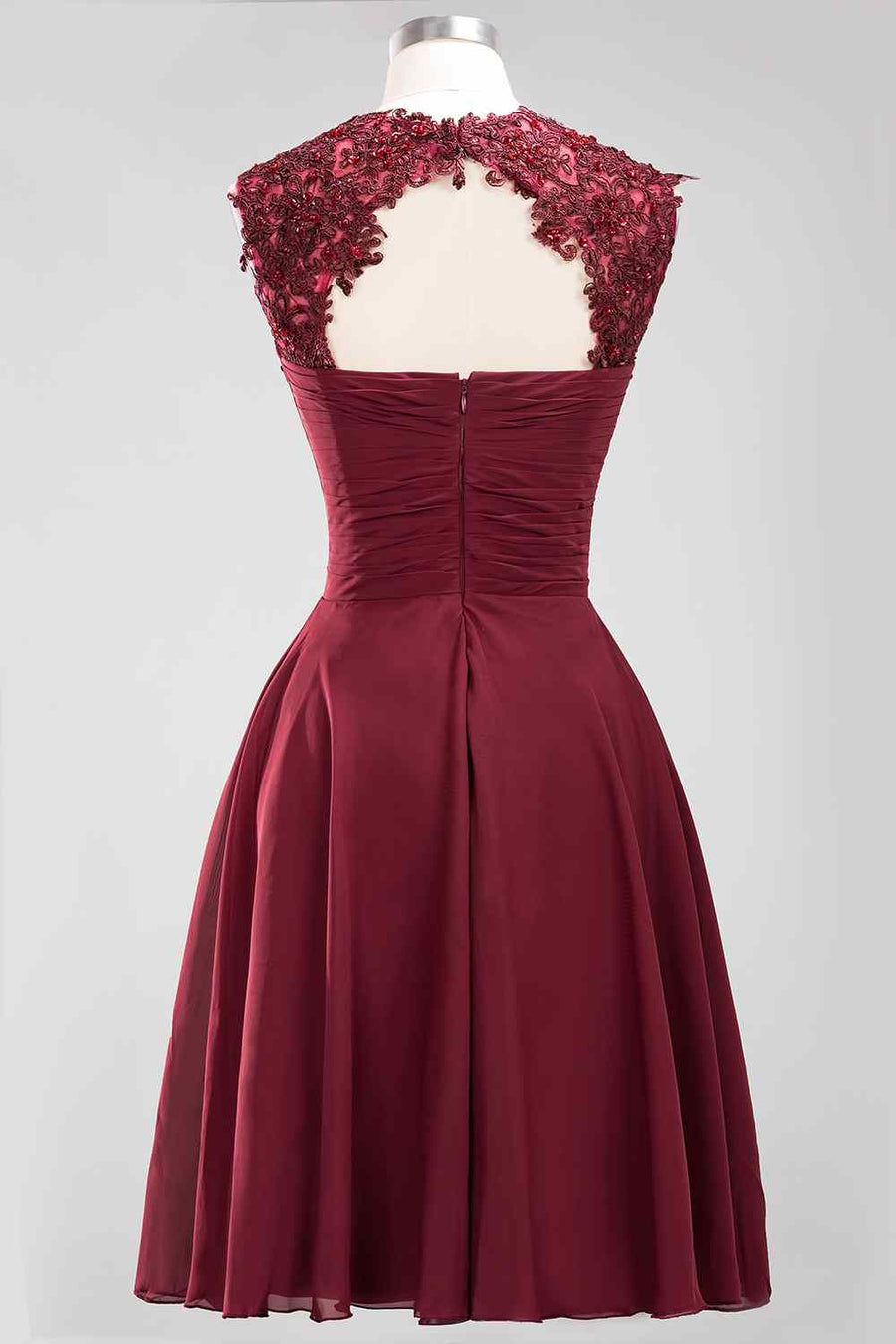 Burgundy A-line Illusion Neck Applique Chiffon Beaded Mini Bridesmaid Dress