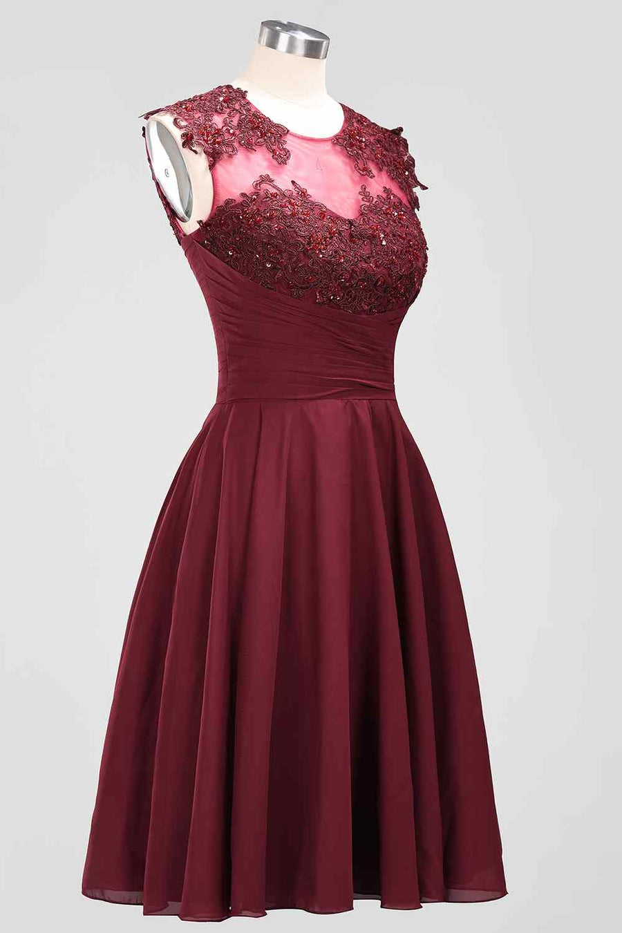 Burgundy A-line Illusion Neck Applique Chiffon Beaded Mini Bridesmaid Dress Burgundy / Custom Size Burgundy A-line Illusion Neck Applique Chiffon Beaded Mini Bridesmaid Dress Burgundy / Custom Size