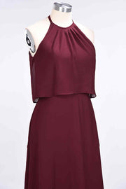 Burgundy A-line Halter Chiffon Crepe Long Bridesmaid Dress